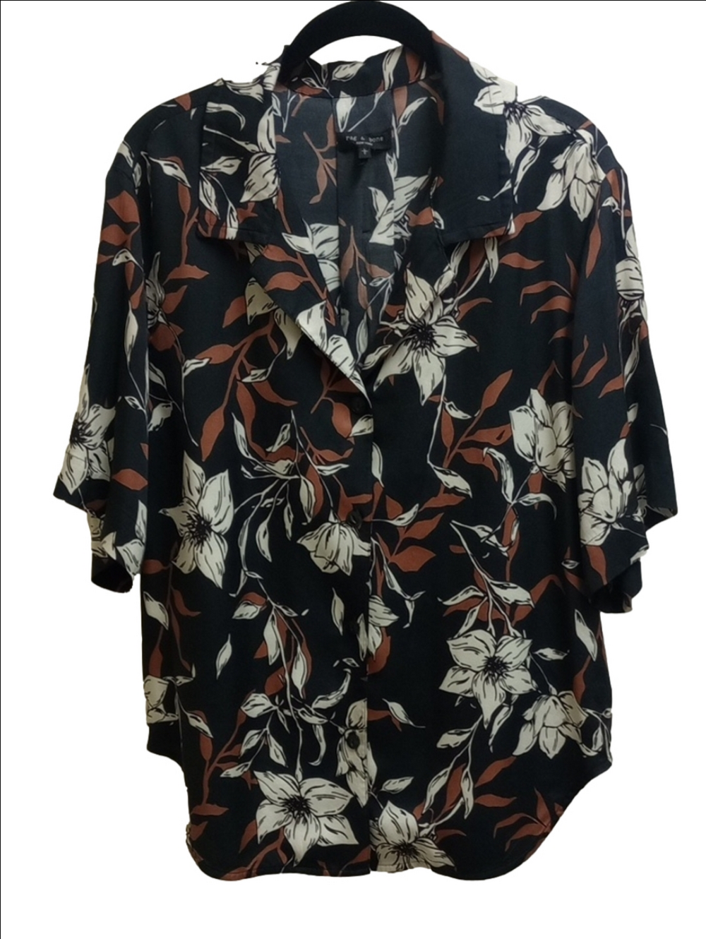 🆕🤎 RAG & BONE "MARE" BLACK SHORT SLEEVE SILK BLOUSE BROWN WHITE FLORAL DESIGNS - Picture 3 of 13